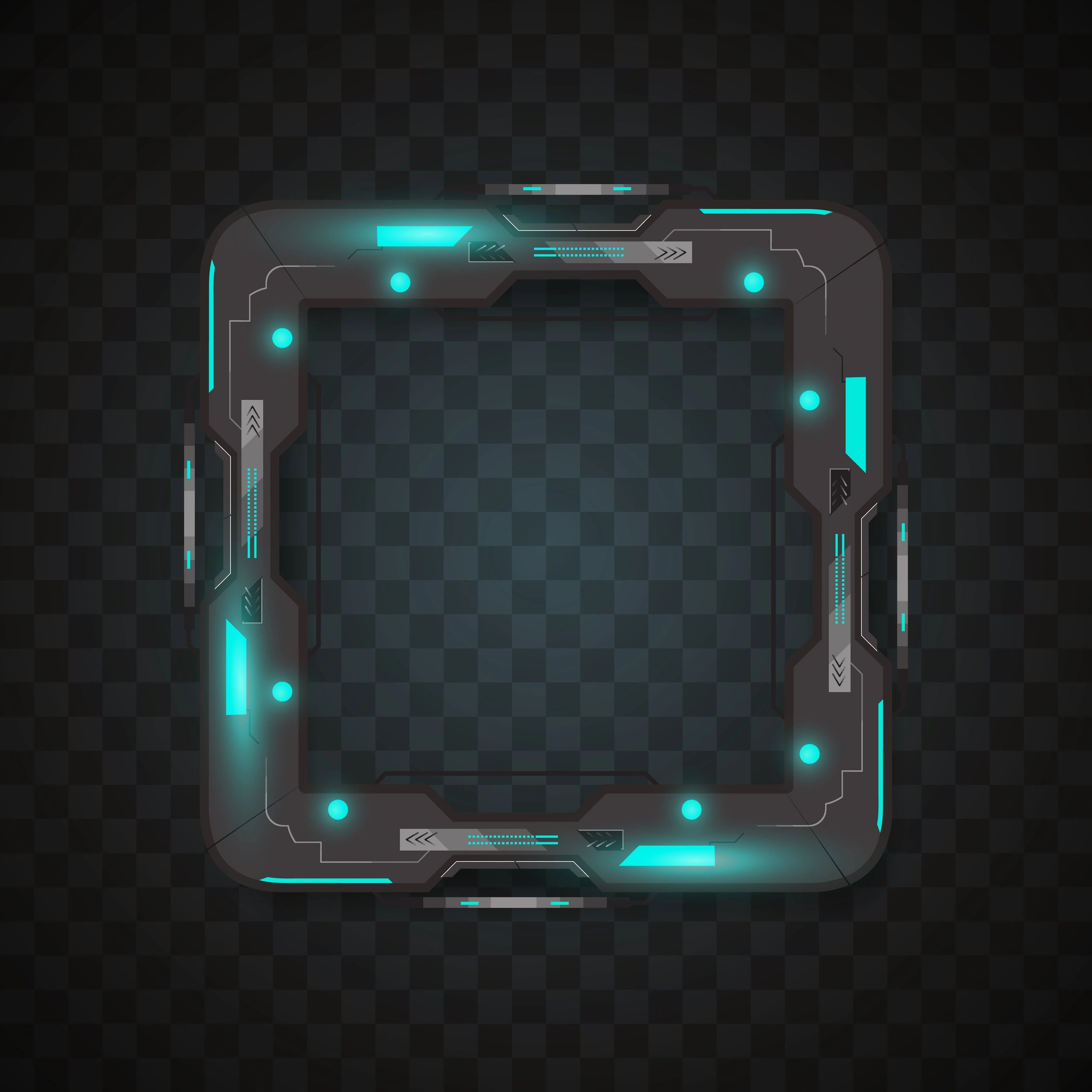 Black square HUD frame with glowing cyan tech elements